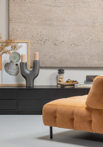 WOOOD EXCLUSIVE Finca TV-skap, rundt, venstre, m. 2 trykk for  pne skuffer og 1 hylle - svart furu