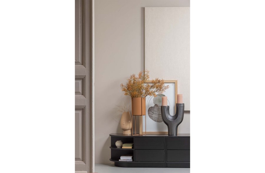 WOOOD EXCLUSIVE Finca TV-skap, rundt, venstre, m. 2 trykk for  pne skuffer og 1 hylle - svart furu