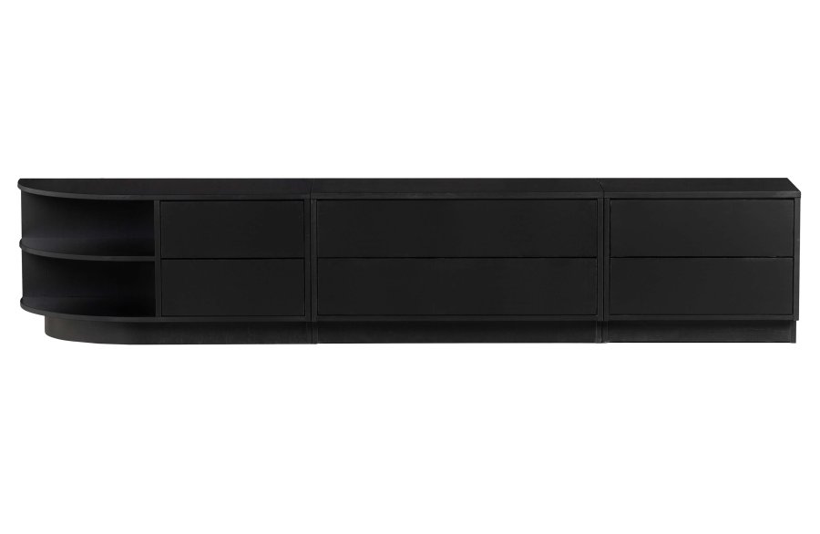 WOOOD EXCLUSIVE Finca TV-skap, rundt, venstre, m. 2 trykk for  pne skuffer og 1 hylle - svart furu