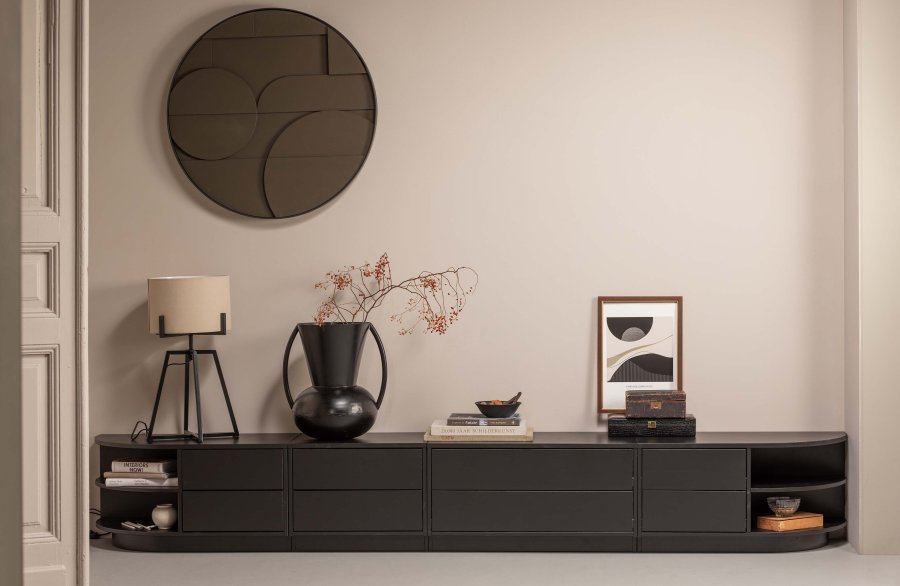 WOOOD EXCLUSIVE Finca TV-skap, rundt, hyre, m. 2 trykk for  pne skuffer og 1 hylle - svart furu