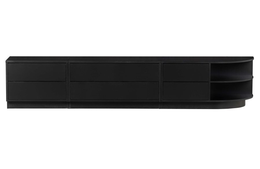 WOOOD EXCLUSIVE Finca TV-skap, rundt, hyre, m. 2 trykk for  pne skuffer og 1 hylle - svart furu