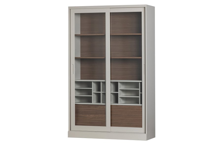 WOOOD James vitrineskab, m. 4 skydelger - glas, tgegr fyrretr og valnddeprint