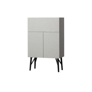 WOOOD Geschnitzter Barschrank mit 3 Türen und 2 Regalen - nebelgraues Mangoholz und Kiefer