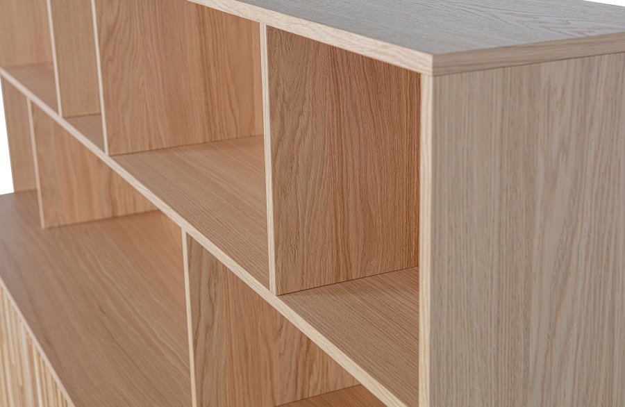 WOOOD EKSKLUSIV Nytt gravure skap, m. 4 trykk for  pne drer og hyller - naturlig eikefiner og svart metall