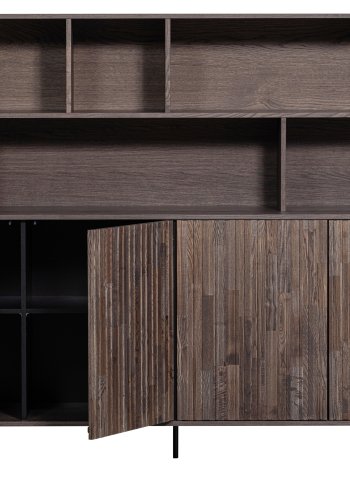 WOOOD EKSKLUSIV Nytt gravure skap, m. 4 trykk for  pne drer og hyller - espresso askefiner/svart metall