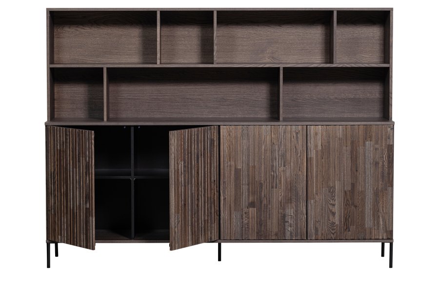 WOOOD EKSKLUSIV Nytt gravure skap, m. 4 trykk for  pne drer og hyller - espresso askefiner/svart metall