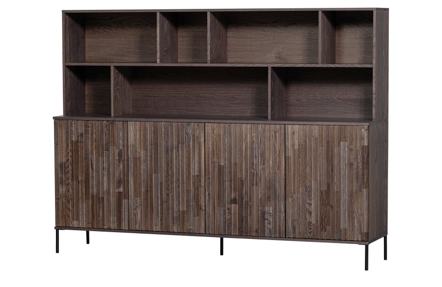 WOOOD EKSKLUSIV Nytt gravure skap, m. 4 trykk for  pne drer og hyller - espresso askefiner/svart metall