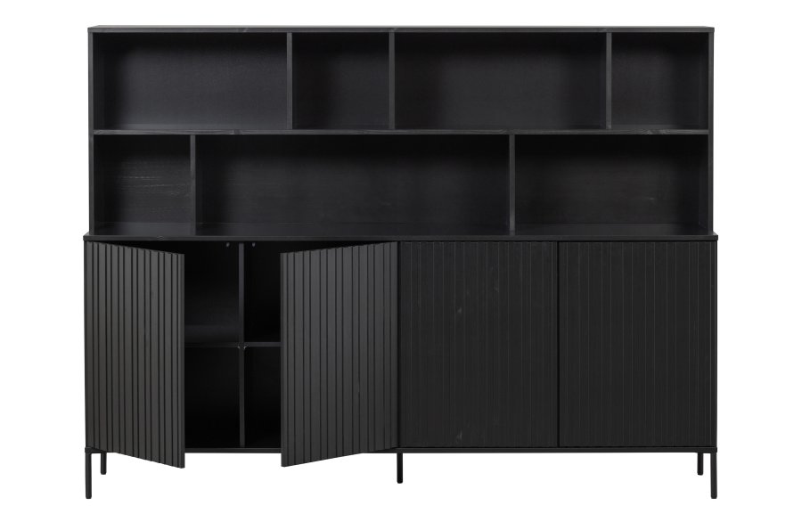 WOOOD EKSKLUSIV Nytt gravure skap, m. 4 trykk for  pne drer og hyller - svart furu og svart metall