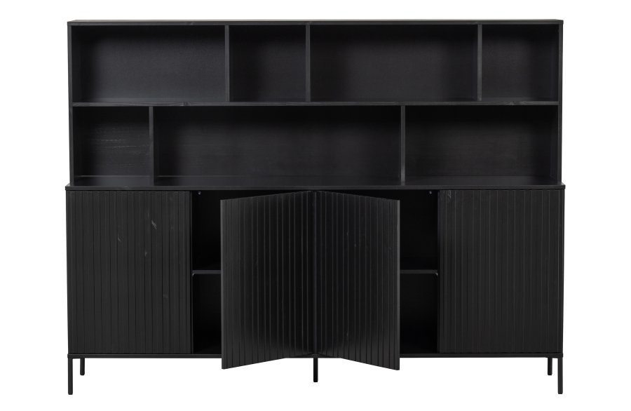 WOOOD EKSKLUSIV Nytt gravure skap, m. 4 trykk for  pne drer og hyller - svart furu og svart metall