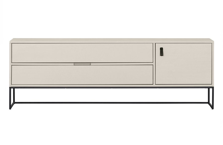 WOOOD Silas TV-bord, m. 1 dr, 1 hylle, 2 skuffer - stv (gr/sand) brstet furu og svart metall