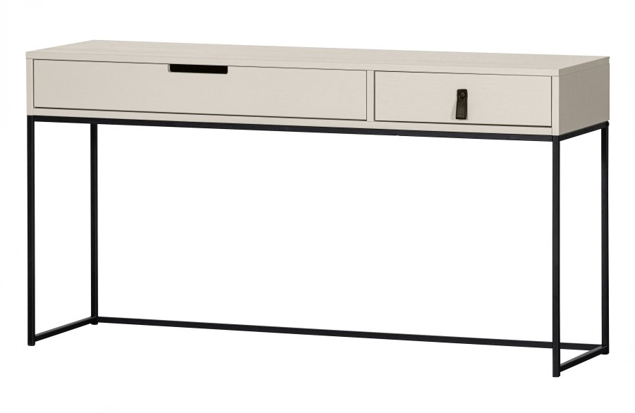 TRE Silas sidebord, m. 2 skuffer - stv (gr/sand) brstet furu og svart metall (140x40)