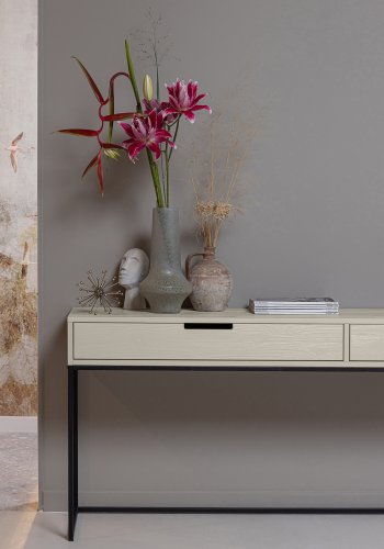 TRE Silas sidebord, m. 2 skuffer - stv (gr/sand) brstet furu og svart metall (140x40)