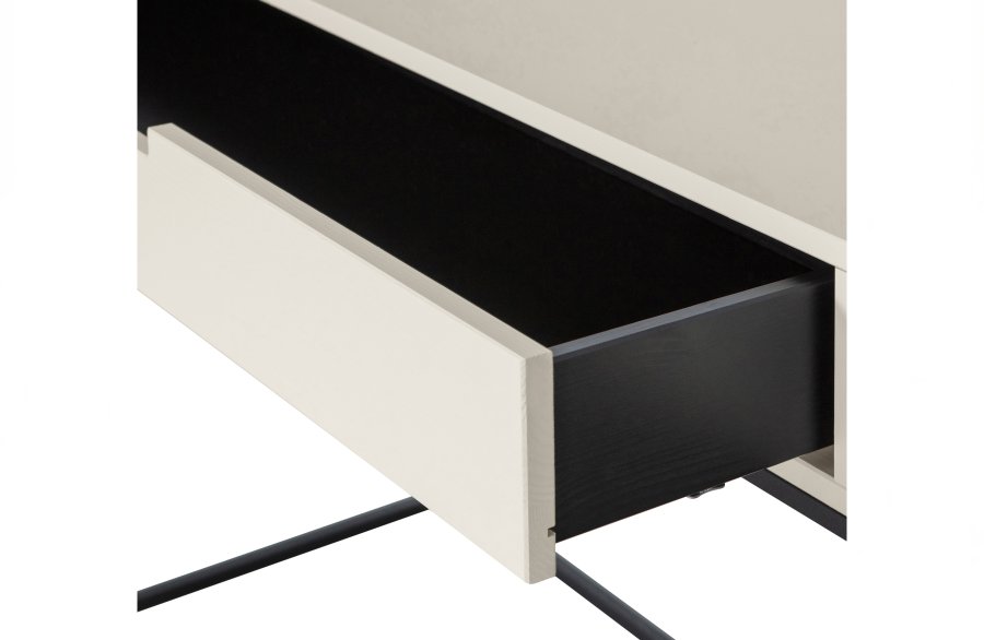 TRE Silas sidebord, m. 2 skuffer - stv (gr/sand) brstet furu og svart metall (140x40)