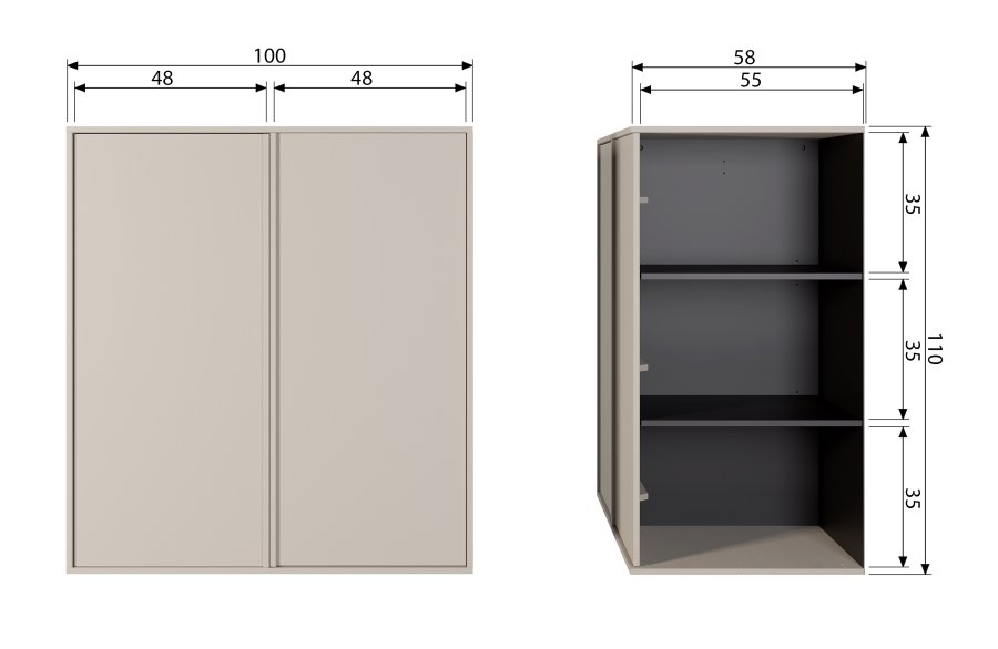 VTWONEN Dagsskap Dobbelt skap, m. 2 trykk for  pne drer og 2 stenger - dakargrau furu (H:110)