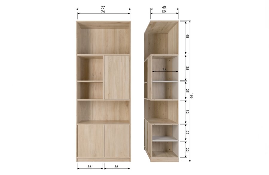 VTWONEN Modulrt overskap, m. 3 trykk for  pne drer og hyller - naturlig matt eikefiner (77x40)