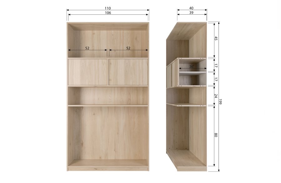 VTWONEN Modulrt overskap, m. 2 trykk for  pne drer og hyller - naturlig matt eikefiner (110x40)