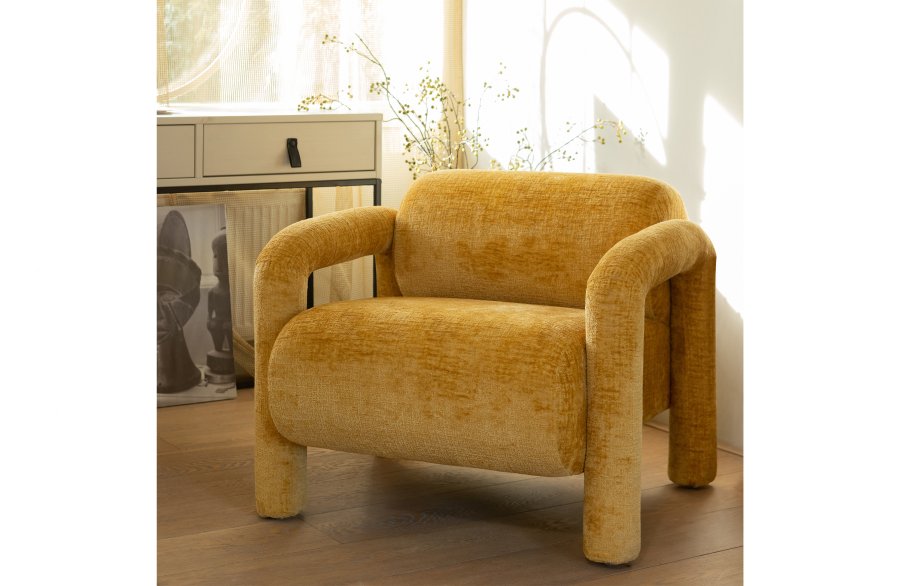 WOOOD EKSKLUSIV Lenny lenestol, m. armlener - gull/gul grov tekstur flyels polyester