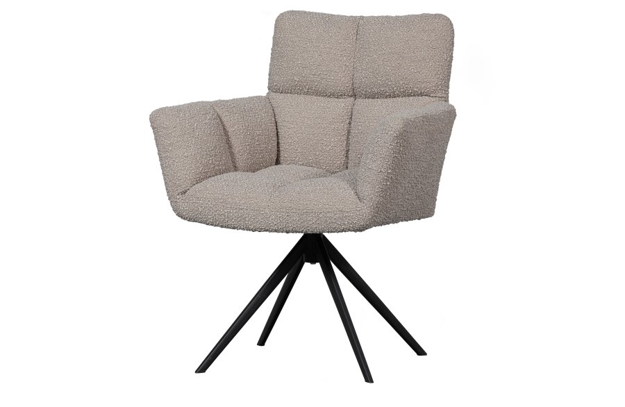 WOOOD EKSKLUSIV Vinny spisebordstol, m. armlener, svingbar - ekte bouclé polyester og sort metall