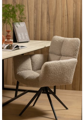 WOOOD EKSKLUSIV Vinny spisebordstol, m. armlener, svingbar - ekte bouclé polyester og sort metall