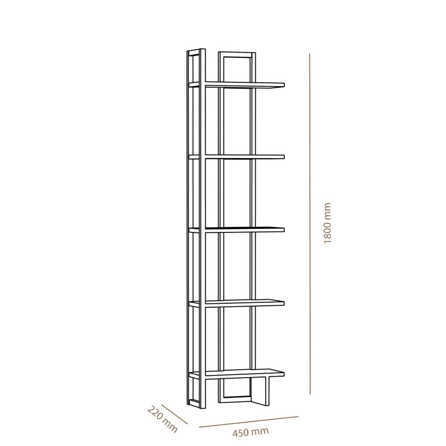 FUNZI LIVING Alice Bücherregal, m. 5 Regale - eichenfarbenes Melamin und schwarzes Metall