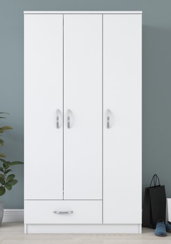 FUNZI LIVING BA102 Kleiderschrank, m. 3 Türen, 1 Kleiderstange, 1 Schublade, 5 Einlegeböden - weißes Melamin