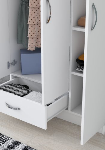 FUNZI LIVING BA102 Kleiderschrank, m. 3 Türen, 1 Kleiderstange, 1 Schublade, 5 Einlegeböden - weißes Melamin