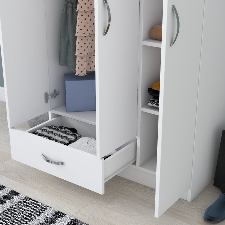 FUNZI LIVING BA102 Kleiderschrank, m. 3 Türen, 1 Kleiderstange, 1 Schublade, 5 Einlegeböden - weißes Melamin