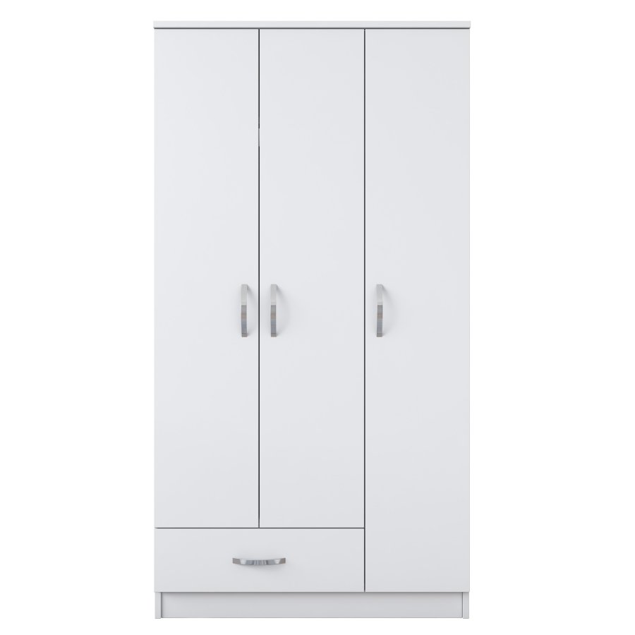 FUNZI LIVING BA102 Kleiderschrank, m. 3 Türen, 1 Kleiderstange, 1 Schublade, 5 Einlegeböden - weißes Melamin