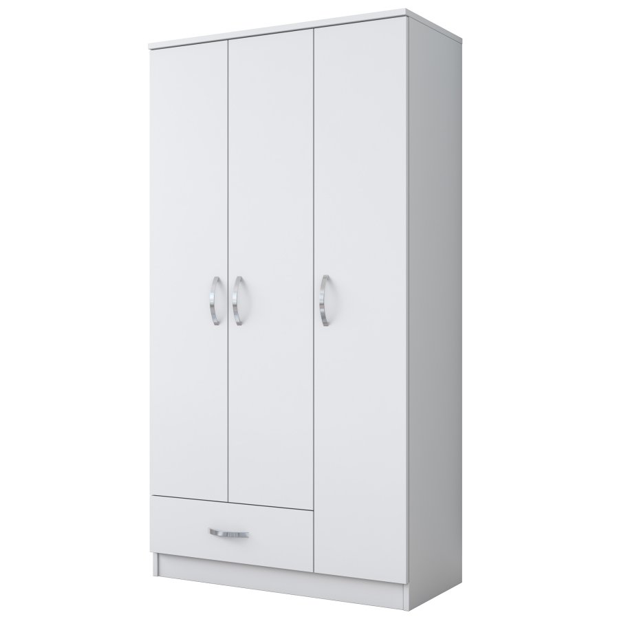 FUNZI LIVING BA102 Kleiderschrank, m. 3 Türen, 1 Kleiderstange, 1 Schublade, 5 Einlegeböden - weißes Melamin