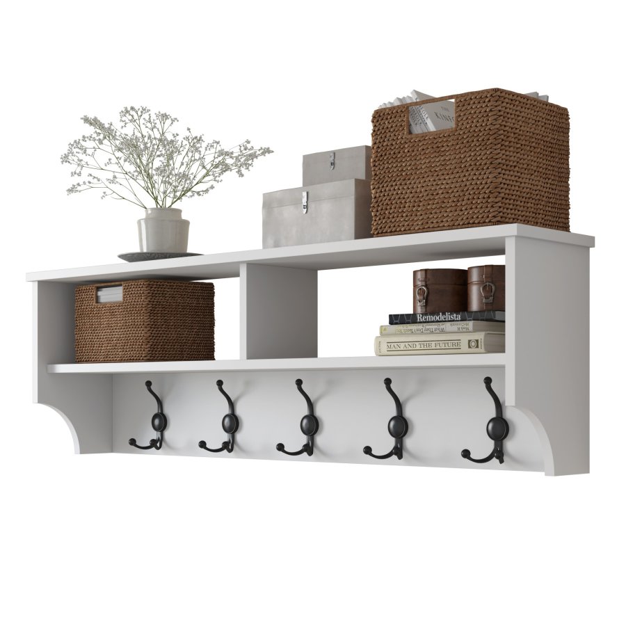 FUNZI LIVING P2 hattehylle, med 5 kroker - hvit melamin