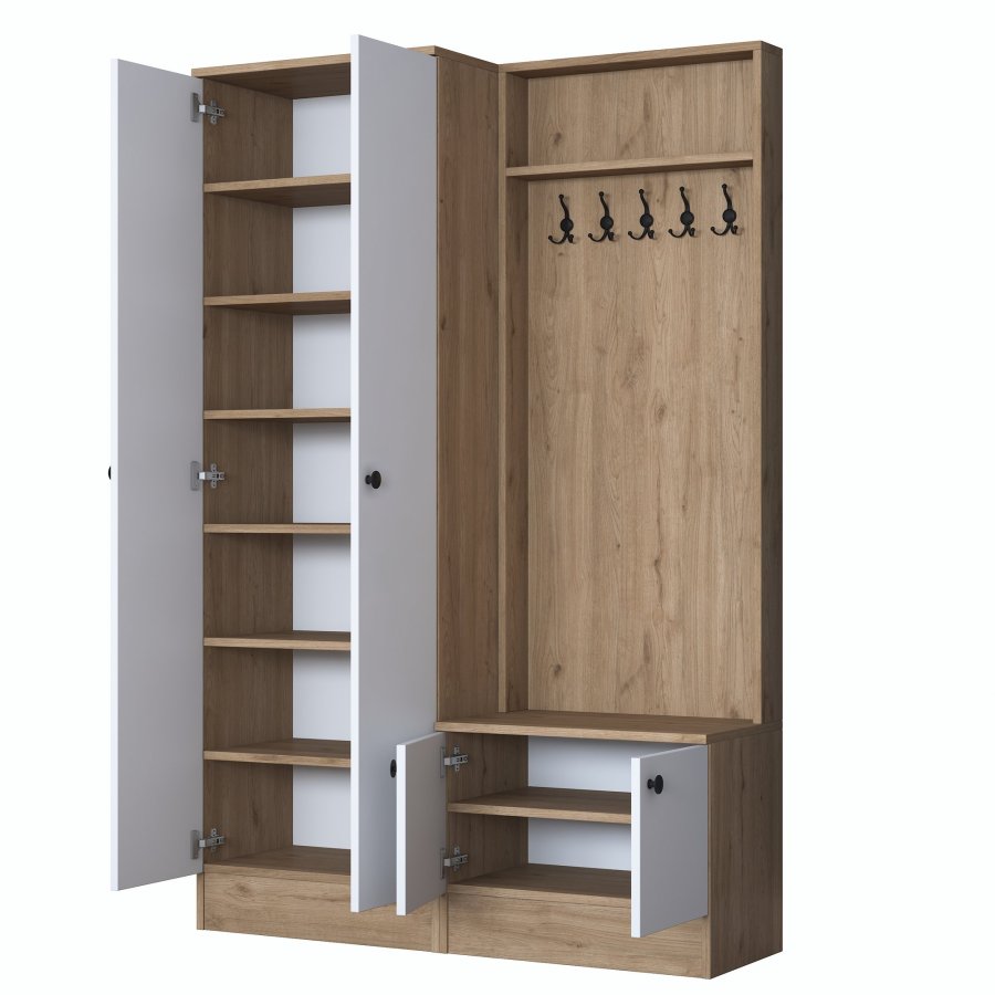 FUNZI LIVING P6 - M11 entrsett, med kroker, 4 drer og 9 hyller - hvit og brun melamin