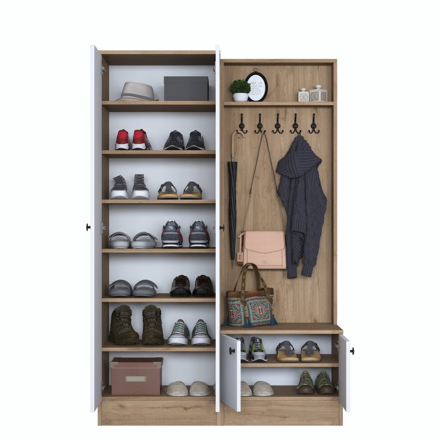 FUNZI LIVING P6 - M11 entrsett, med kroker, 4 drer og 9 hyller - hvit og brun melamin