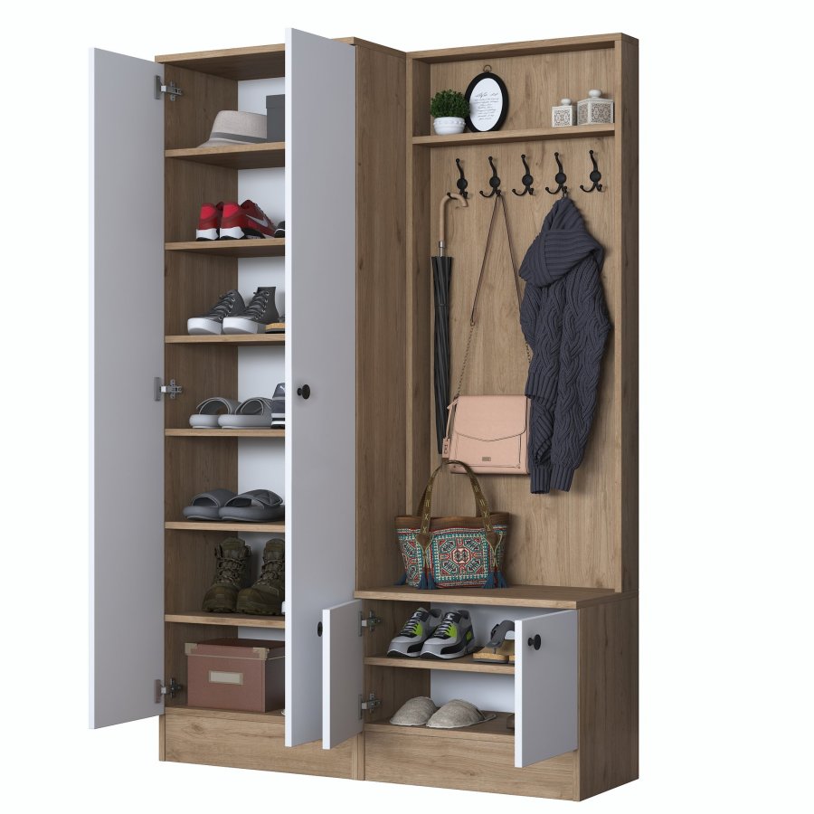 FUNZI LIVING P6 - M11 entrsett, med kroker, 4 drer og 9 hyller - hvit og brun melamin