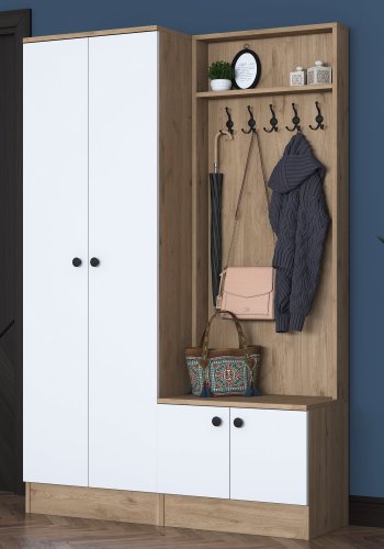 FUNZI LIVING P6 - M11 entrsett, med kroker, 4 drer og 9 hyller - hvit og brun melamin