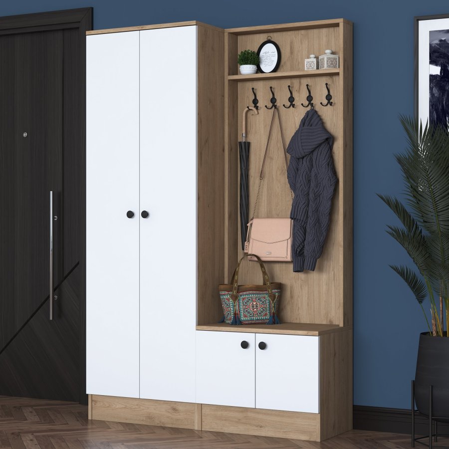 FUNZI LIVING P6 - M11 entrsett, med kroker, 4 drer og 9 hyller - hvit og brun melamin