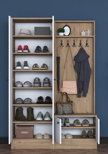 FUNZI LIVING P6 - M11 entrsett, med kroker, 4 drer og 9 hyller - hvit og brun melamin