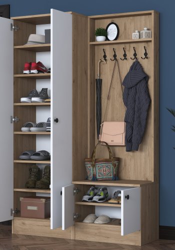 FUNZI LIVING P6 - M11 entrsett, med kroker, 4 drer og 9 hyller - hvit og brun melamin