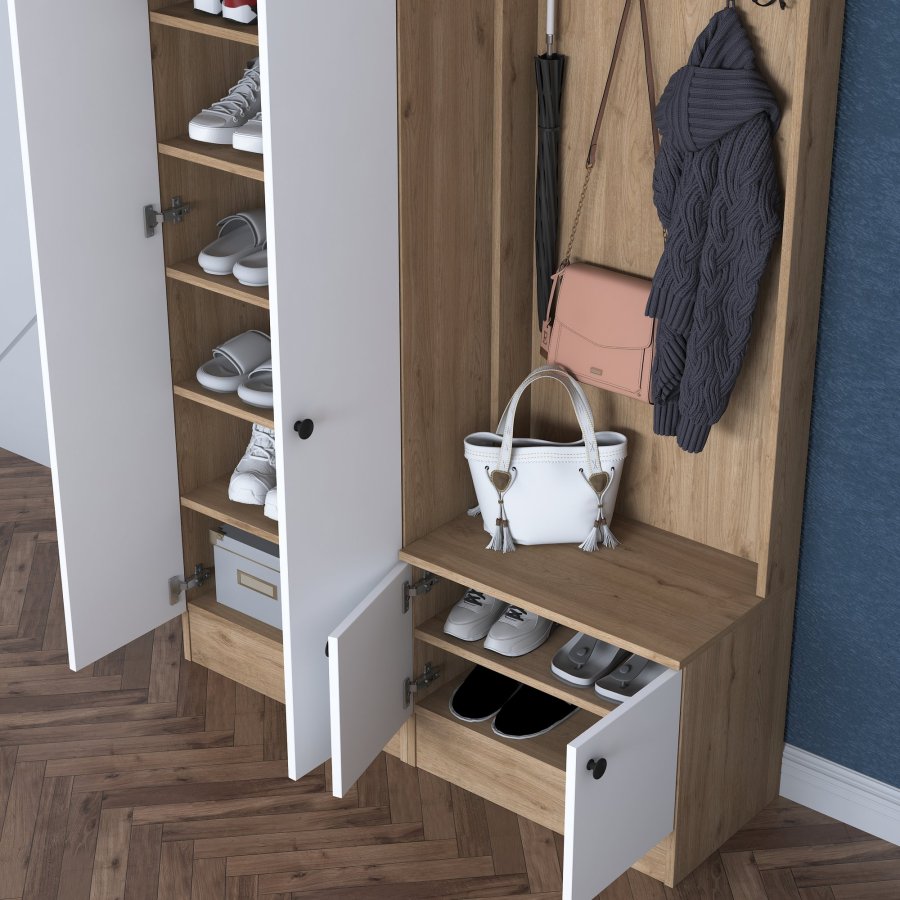 FUNZI LIVING P6 - M11 entrsett, med kroker, 4 drer og 9 hyller - hvit og brun melamin