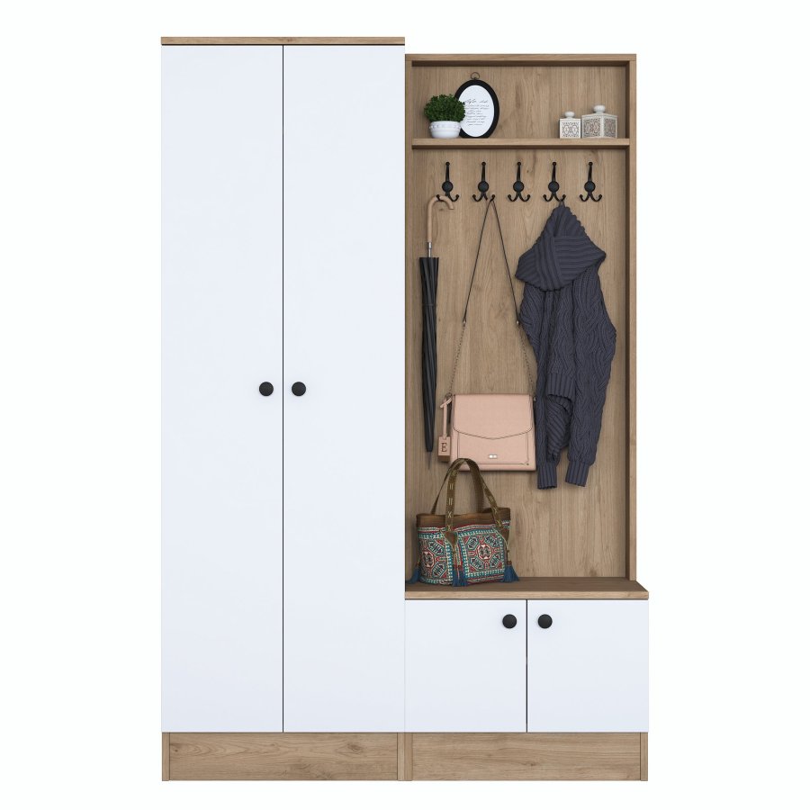 FUNZI LIVING P6 - M11 entrsett, med kroker, 4 drer og 9 hyller - hvit og brun melamin