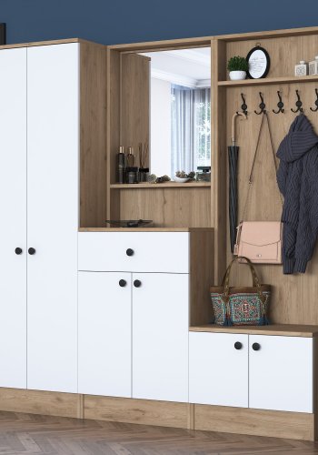 FUNZI LIVING P6 - M3 entrésett, med kroker, speil, 6 drer, 1 skuff, 5 hyller - hvit og brun melamin
