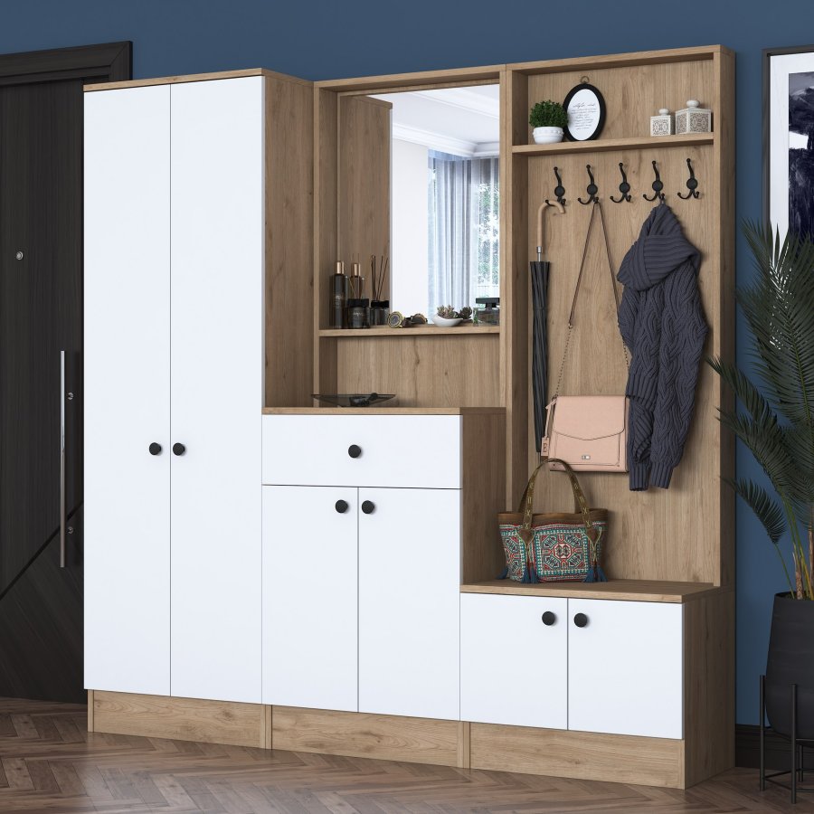 FUNZI LIVING P6 - M3 entrésett, med kroker, speil, 6 drer, 1 skuff, 5 hyller - hvit og brun melamin