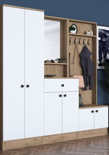 FUNZI LIVING P6 - M3 entrésett, med kroker, speil, 6 drer, 1 skuff, 5 hyller - hvit og brun melamin