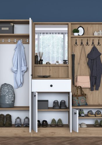 FUNZI LIVING P6 - M3 entrésett, med kroker, speil, 6 drer, 1 skuff, 5 hyller - hvit og brun melamin