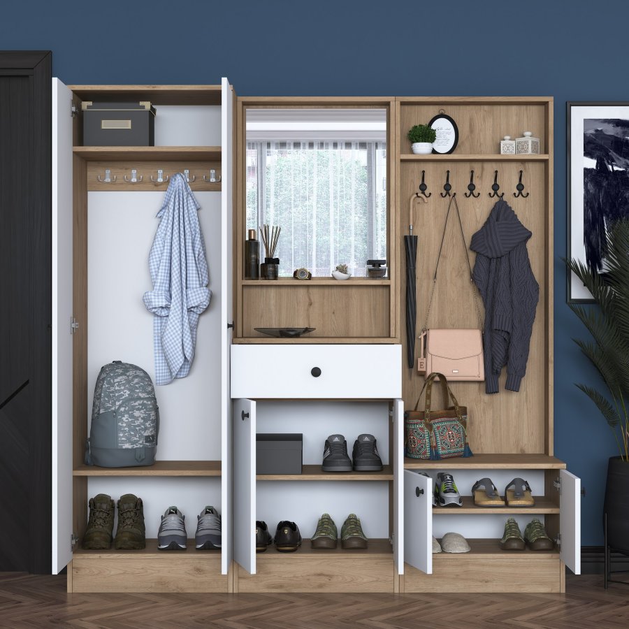 FUNZI LIVING P6 - M3 entrésett, med kroker, speil, 6 drer, 1 skuff, 5 hyller - hvit og brun melamin