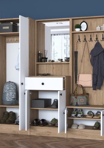 FUNZI LIVING P6 - M3 entrésett, med kroker, speil, 6 drer, 1 skuff, 5 hyller - hvit og brun melamin