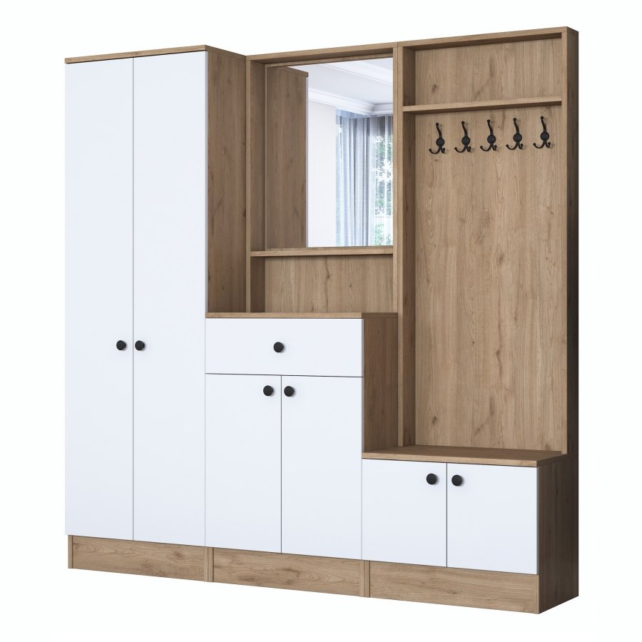 FUNZI LIVING P6 - M3 entrésett, med kroker, speil, 6 drer, 1 skuff, 5 hyller - hvit og brun melamin
