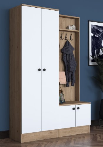 FUNZI LIVING P6 - M5 entrsett, med kroker, 4 drer og 5 hyller - hvit og brun melamin