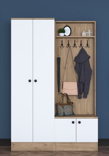 FUNZI LIVING P6 - M5 entrsett, med kroker, 4 drer og 5 hyller - hvit og brun melamin