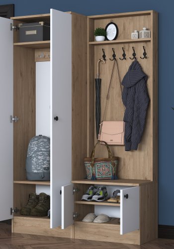 FUNZI LIVING P6 - M5 entrsett, med kroker, 4 drer og 5 hyller - hvit og brun melamin