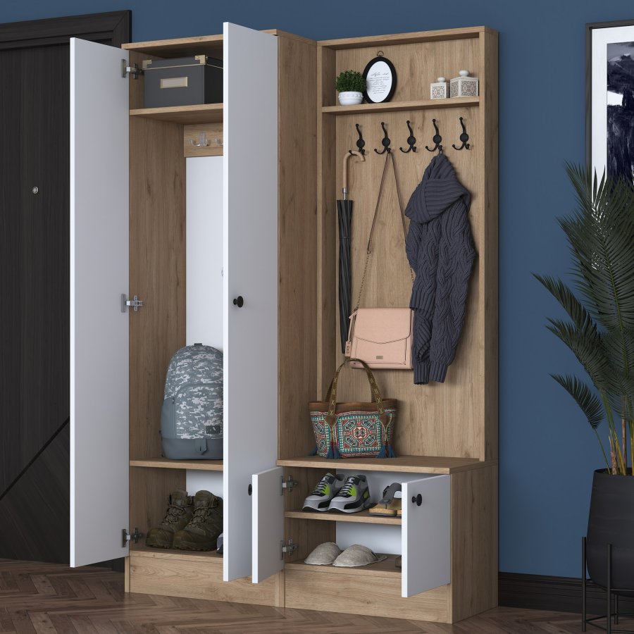 FUNZI LIVING P6 - M5 entrsett, med kroker, 4 drer og 5 hyller - hvit og brun melamin